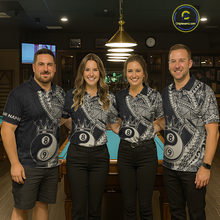Load image into Gallery viewer, Four people wearing personalized billiards polo shirt with crowned eight and nine ball artwork integrated into flowing geometric patterns on a black layout.