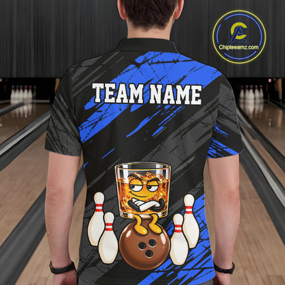 Custom Blue Funny Whiskey Bowling Jersey for Men Bowling Team Shirts Bowling Polo & 1/4 Zip HNT652