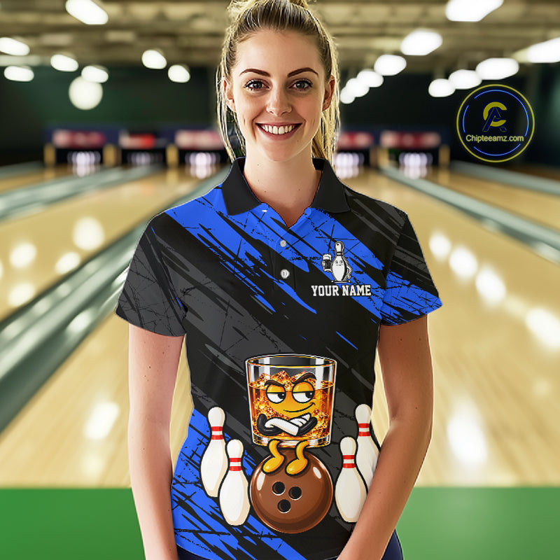 Custom Blue Funny Whiskey Bowling Jersey for Women Bowling Team Shirts Bowling Polo & 1/4 Zip HNT652
