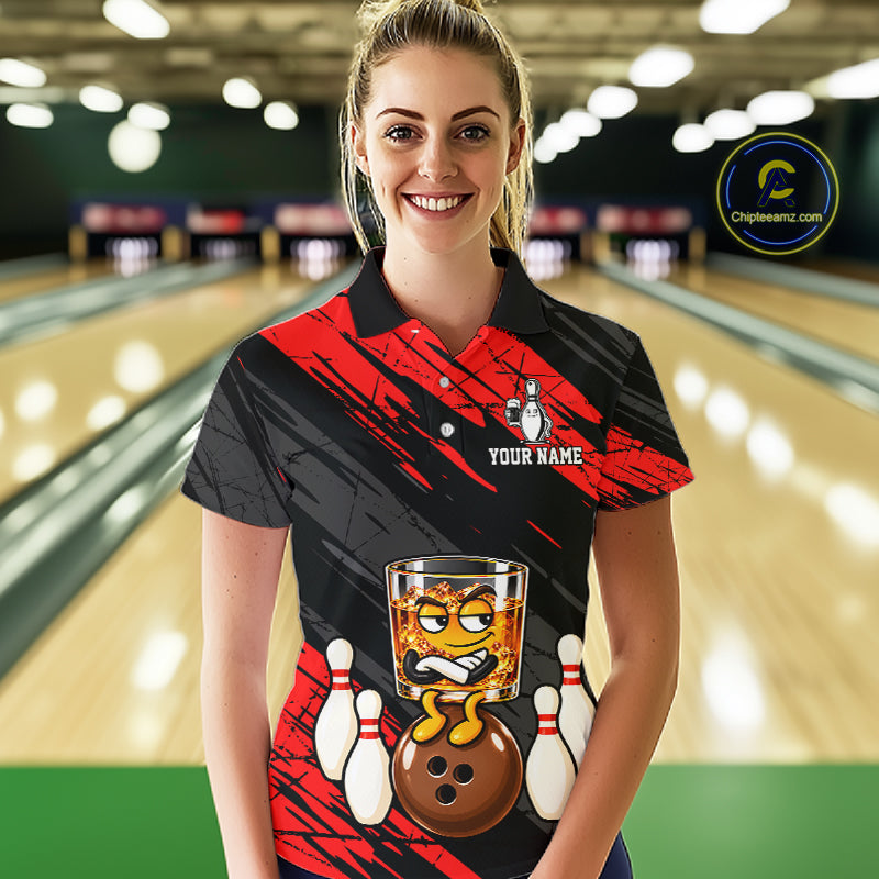 Custom Red Funny Whiskey Bowling Jersey for Women Bowling Team Shirts Bowling Polo & 1/4 Zip HNT652