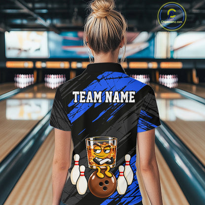 Custom Blue Funny Whiskey Bowling Jersey for Women Bowling Team Shirts Bowling Polo & 1/4 Zip HNT652