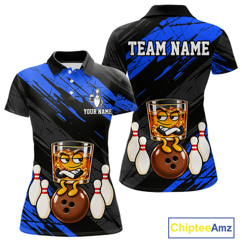 Custom Blue Funny Whiskey Bowling Jersey for Women Bowling Team Shirts Bowling Polo & 1/4 Zip HNT652