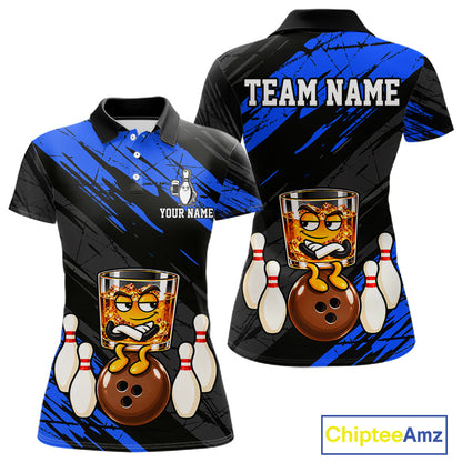 Custom Blue Funny Whiskey Bowling Jersey for Women Bowling Team Shirts Bowling Polo & 1/4 Zip HNT652
