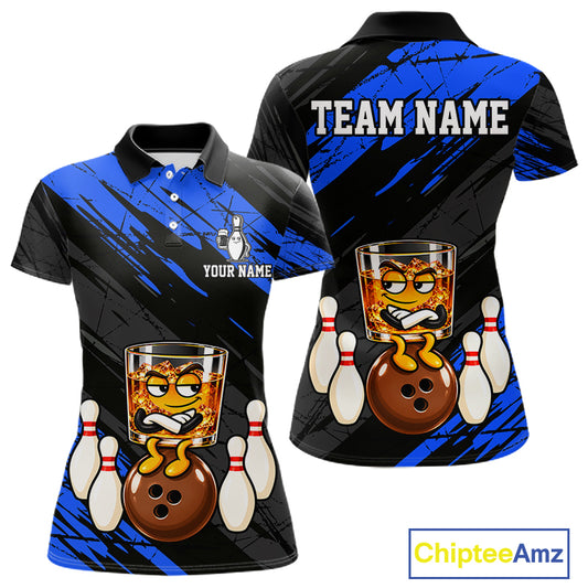 Custom Blue Funny Whiskey Bowling Jersey for Women Bowling Team Shirts Bowling Polo & 1/4 Zip HNT652
