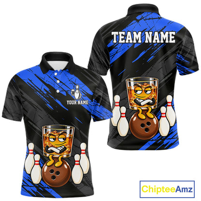 Custom Blue Funny Whiskey Bowling Jersey for Men Bowling Team Shirts Bowling Polo & 1/4 Zip HNT652