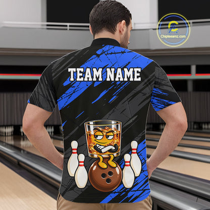 Custom Blue Funny Whiskey Bowling Jersey for Men Bowling Team Shirts Bowling Polo & 1/4 Zip HNT652