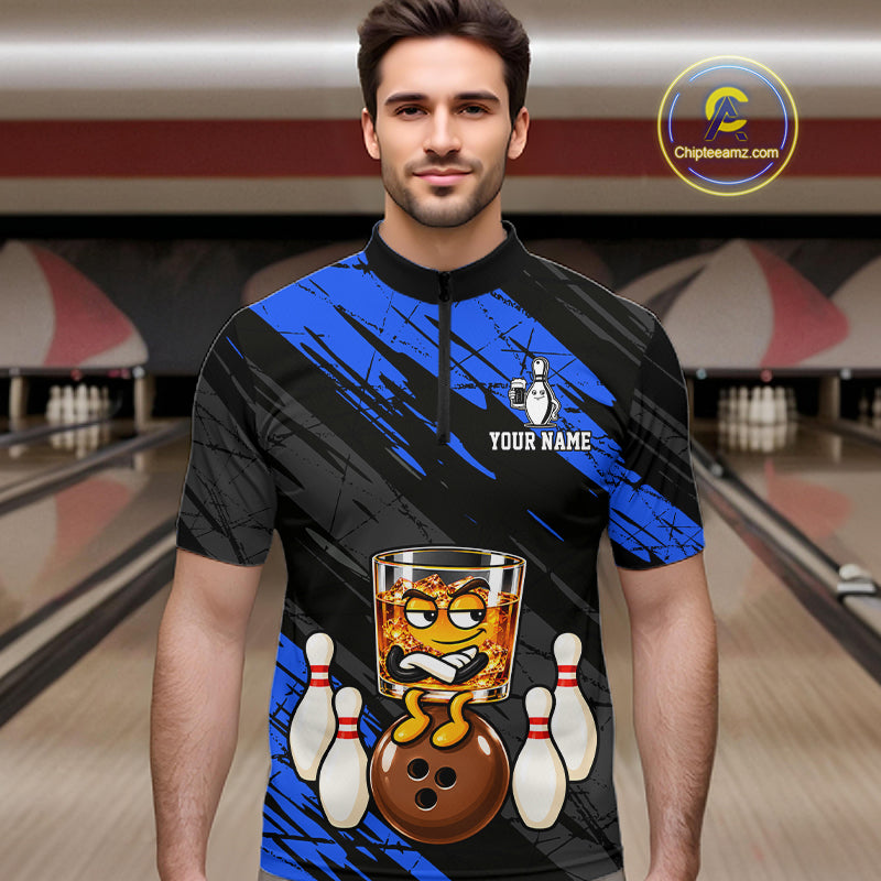 Custom Blue Funny Whiskey Bowling Jersey for Men Bowling Team Shirts Bowling Polo & 1/4 Zip HNT652