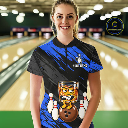 Custom Blue Funny Whiskey Bowling Jersey for Women Bowling Team Shirts Bowling Polo & 1/4 Zip HNT652