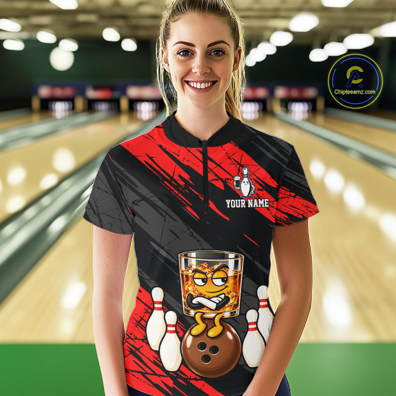 Custom Red Funny Whiskey Bowling Jersey for Women Bowling Team Shirts Bowling Polo & 1/4 Zip HNT652