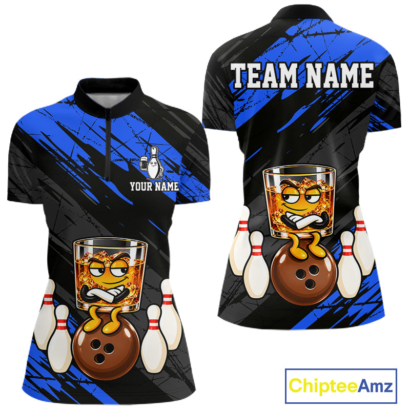 Custom Blue Funny Whiskey Bowling Jersey for Women Bowling Team Shirts Bowling Polo & 1/4 Zip HNT652
