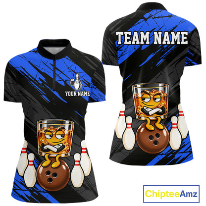Custom Blue Funny Whiskey Bowling Jersey for Women Bowling Team Shirts Bowling Polo & 1/4 Zip HNT652