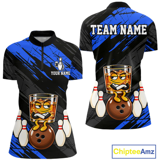 Custom Blue Funny Whiskey Bowling Jersey for Women Bowling Team Shirts Bowling Polo & 1/4 Zip HNT652