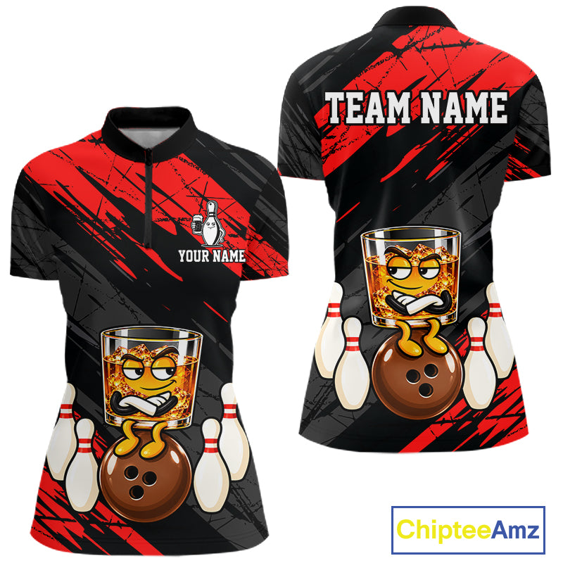 Custom Red Funny Whiskey Bowling Jersey for Women Bowling Team Shirts Bowling Polo & 1/4 Zip HNT652