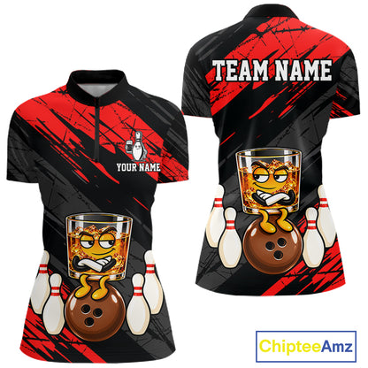 Custom Red Funny Whiskey Bowling Jersey for Women Bowling Team Shirts Bowling Polo & 1/4 Zip HNT652