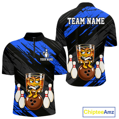 Custom Blue Funny Whiskey Bowling Jersey for Men Bowling Team Shirts Bowling Polo & 1/4 Zip HNT652