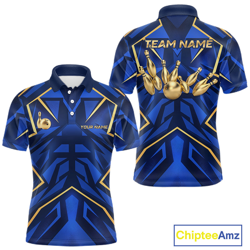 Custom Blue Gold Bowling Jersey for Men Bowling Team Shirts Bowling League Polo & 1/4 Zip HNT653