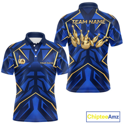 Custom Blue Gold Bowling Jersey for Men Bowling Team Shirts Bowling League Polo & 1/4 Zip HNT653