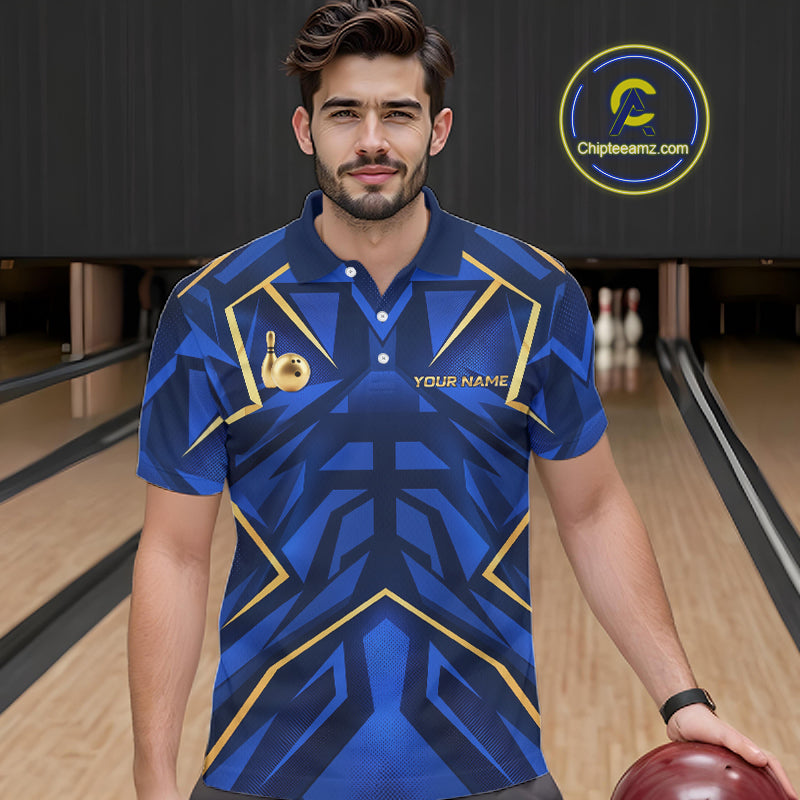 Custom Blue Gold Bowling Jersey for Men Bowling Team Shirts Bowling League Polo & 1/4 Zip HNT653