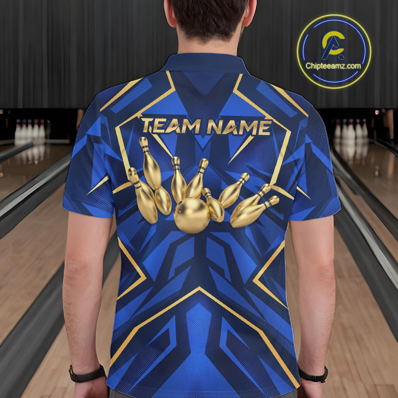 Custom Blue Gold Bowling Jersey for Men Bowling Team Shirts Bowling League Polo & 1/4 Zip HNT653