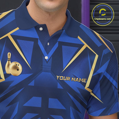 Custom Blue Gold Bowling Jersey for Men Bowling Team Shirts Bowling League Polo & 1/4 Zip HNT653
