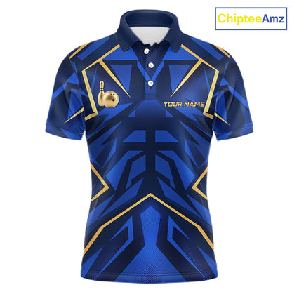 Custom Blue Gold Bowling Jersey for Men Bowling Team Shirts Bowling League Polo & 1/4 Zip HNT653