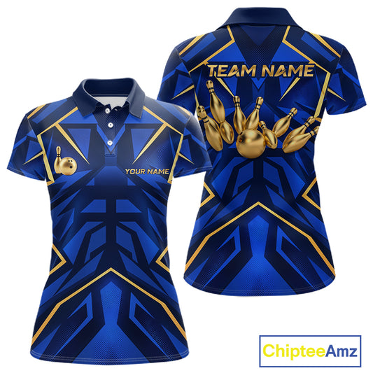 Custom Blue Gold Bowling Jersey for Women Bowling Team Shirts Bowling League Polo & 1/4 Zip HNT653
