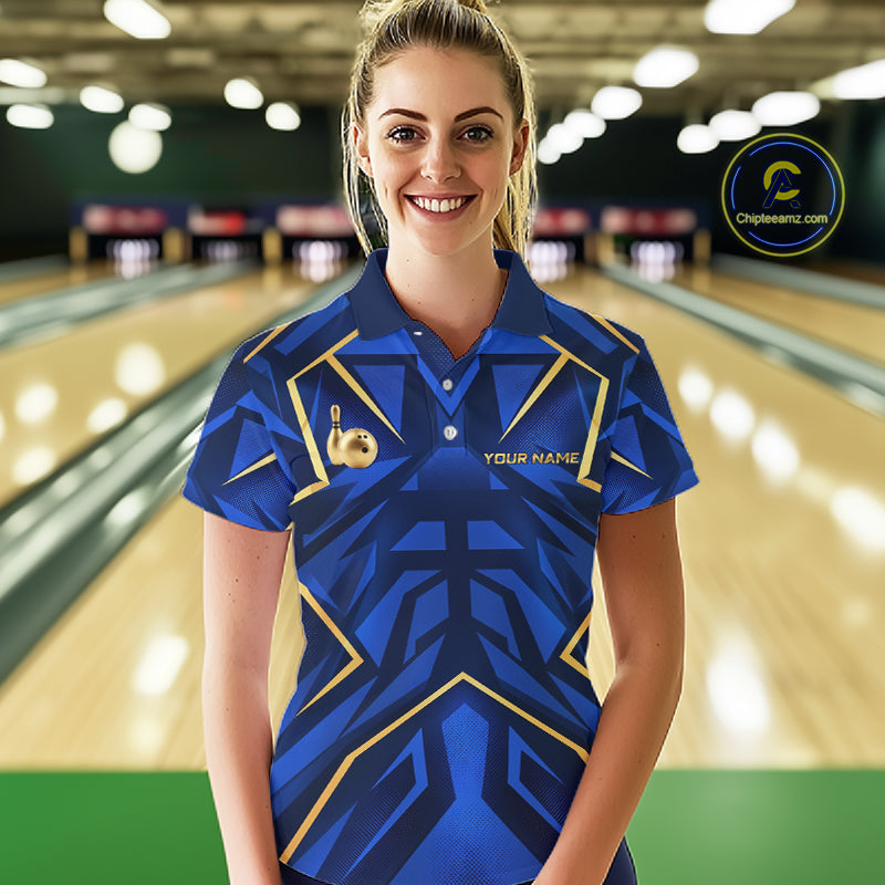Custom Blue Gold Bowling Jersey for Women Bowling Team Shirts Bowling League Polo & 1/4 Zip HNT653