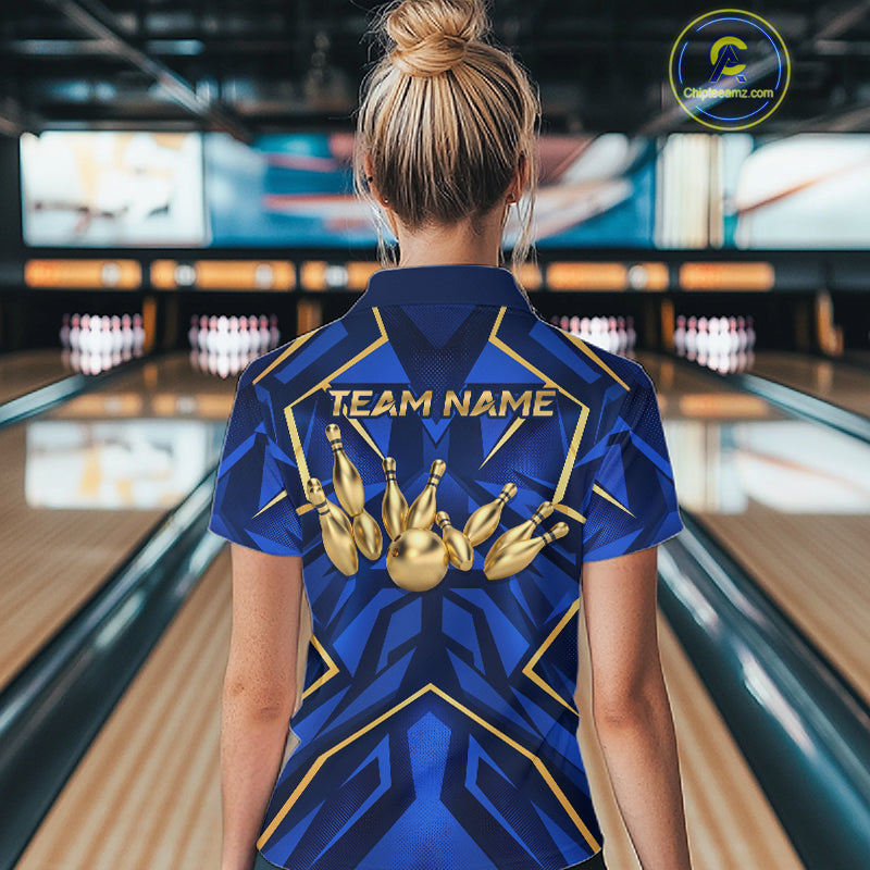 Custom Blue Gold Bowling Jersey for Women Bowling Team Shirts Bowling League Polo & 1/4 Zip HNT653