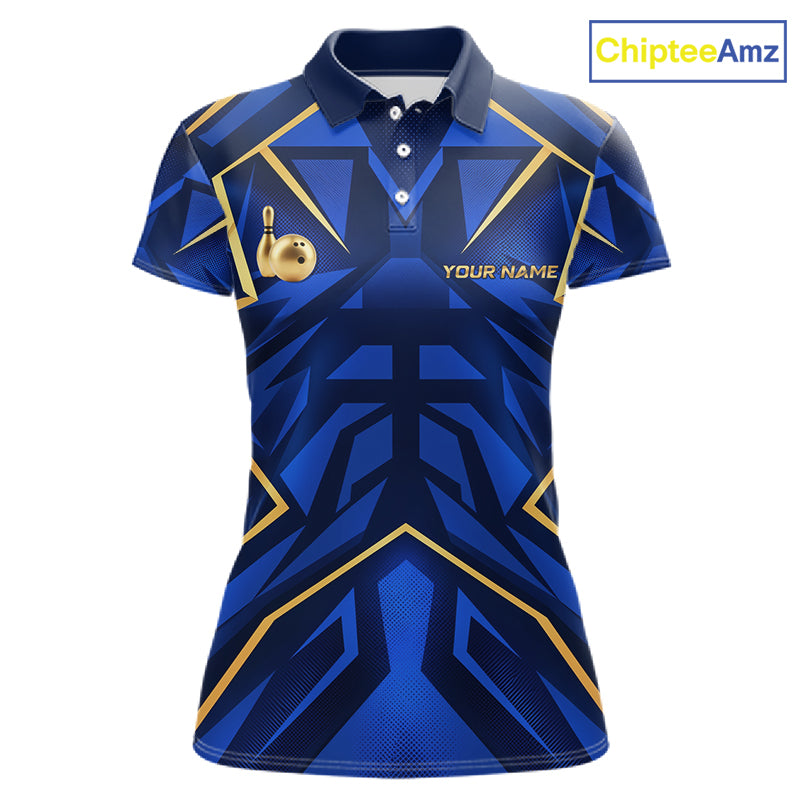 Custom Blue Gold Bowling Jersey for Women Bowling Team Shirts Bowling League Polo & 1/4 Zip HNT653