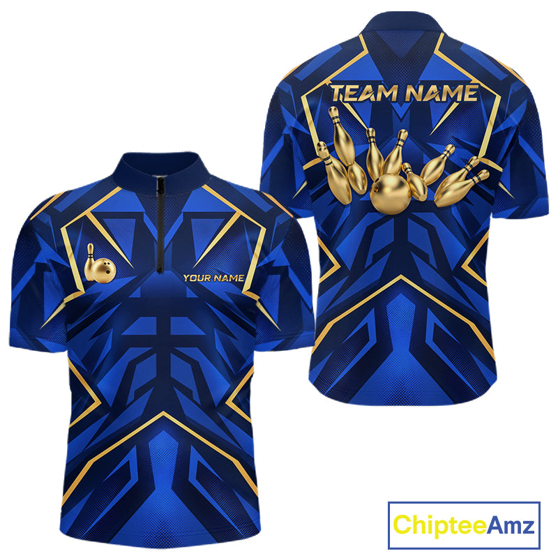 Custom Blue Gold Bowling Jersey for Men Bowling Team Shirts Bowling League Polo & 1/4 Zip HNT653