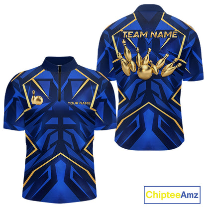 Custom Blue Gold Bowling Jersey for Men Bowling Team Shirts Bowling League Polo & 1/4 Zip HNT653