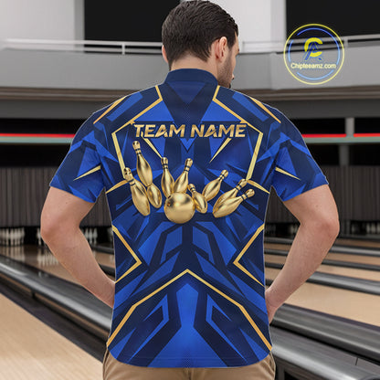 Custom Blue Gold Bowling Jersey for Men Bowling Team Shirts Bowling League Polo & 1/4 Zip HNT653