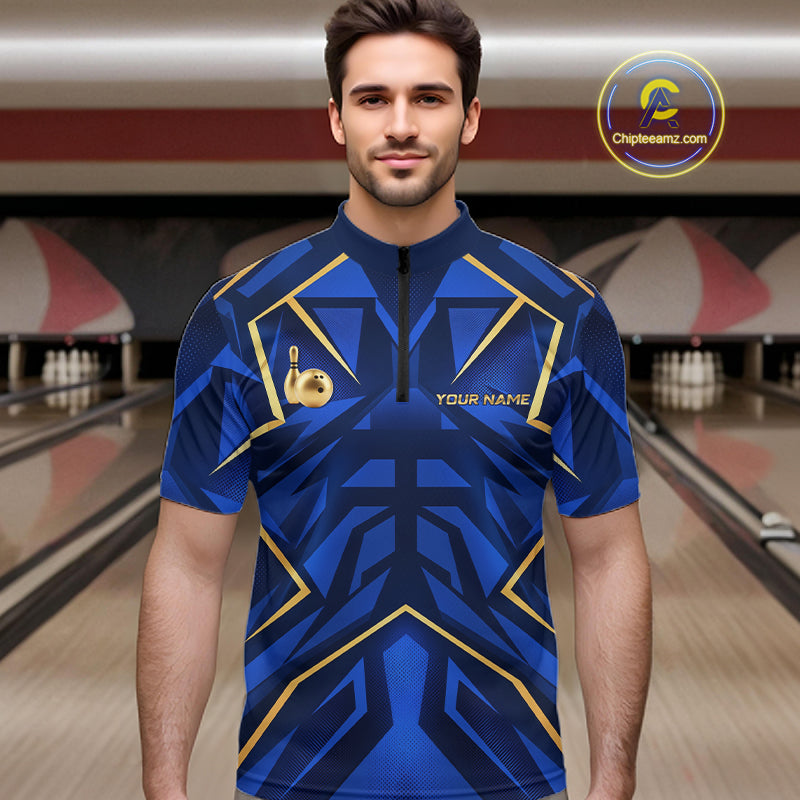 Custom Blue Gold Bowling Jersey for Men Bowling Team Shirts Bowling League Polo & 1/4 Zip HNT653
