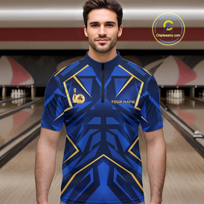 Custom Blue Gold Bowling Jersey for Men Bowling Team Shirts Bowling League Polo & 1/4 Zip HNT653