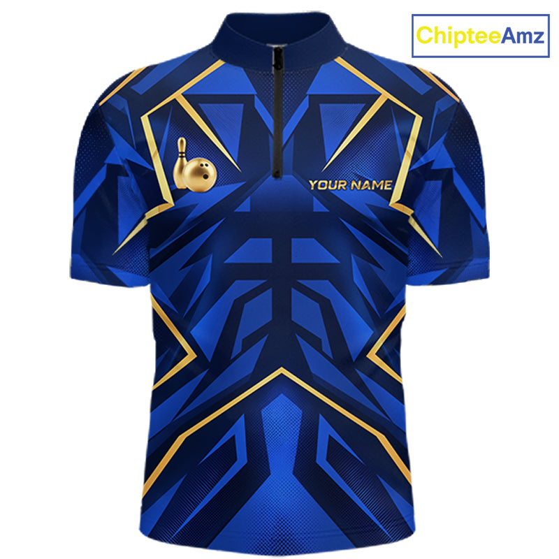 Custom Blue Gold Bowling Jersey for Men Bowling Team Shirts Bowling League Polo & 1/4 Zip HNT653