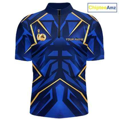 Custom Blue Gold Bowling Jersey for Men Bowling Team Shirts Bowling League Polo & 1/4 Zip HNT653