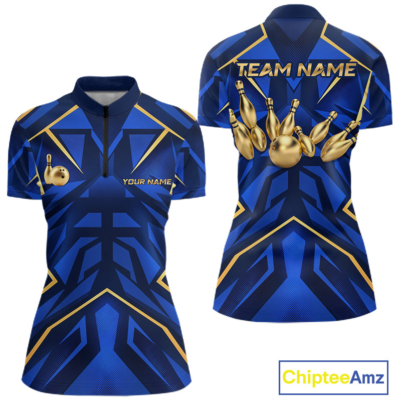 Custom Blue Gold Bowling Jersey for Women Bowling Team Shirts Bowling League Polo & 1/4 Zip HNT653