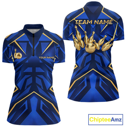 Custom Blue Gold Bowling Jersey for Women Bowling Team Shirts Bowling League Polo & 1/4 Zip HNT653