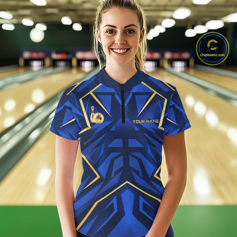 Custom Blue Gold Bowling Jersey for Women Bowling Team Shirts Bowling League Polo & 1/4 Zip HNT653