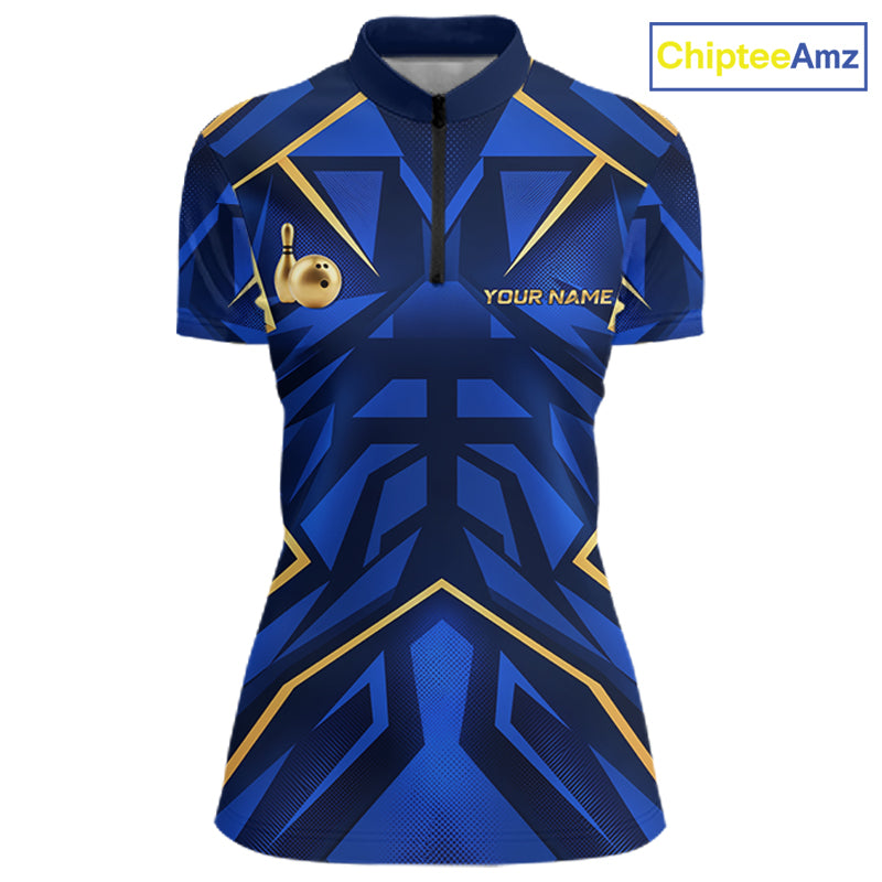 Custom Blue Gold Bowling Jersey for Women Bowling Team Shirts Bowling League Polo & 1/4 Zip HNT653