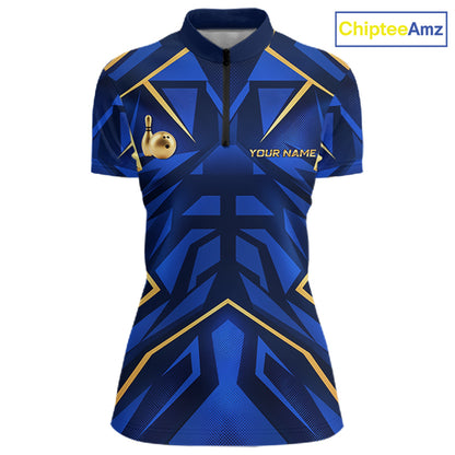 Custom Blue Gold Bowling Jersey for Women Bowling Team Shirts Bowling League Polo & 1/4 Zip HNT653