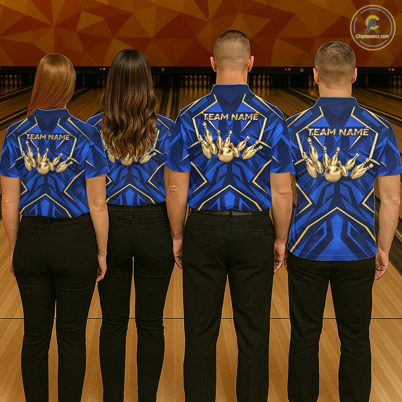 Custom Blue Gold Bowling Jersey for Women Bowling Team Shirts Bowling League Polo & 1/4 Zip HNT653