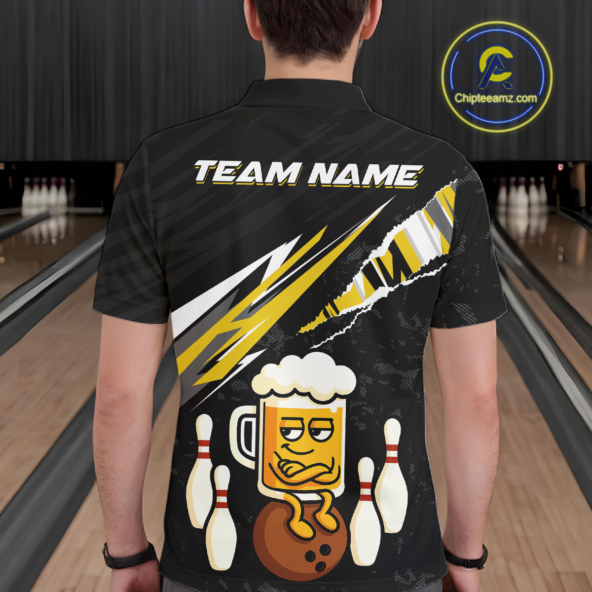 Custom Yellow Funny Beer Bowling Jersey for Men Bowling Team Shirts Polo & 1/4 Zip HNT170