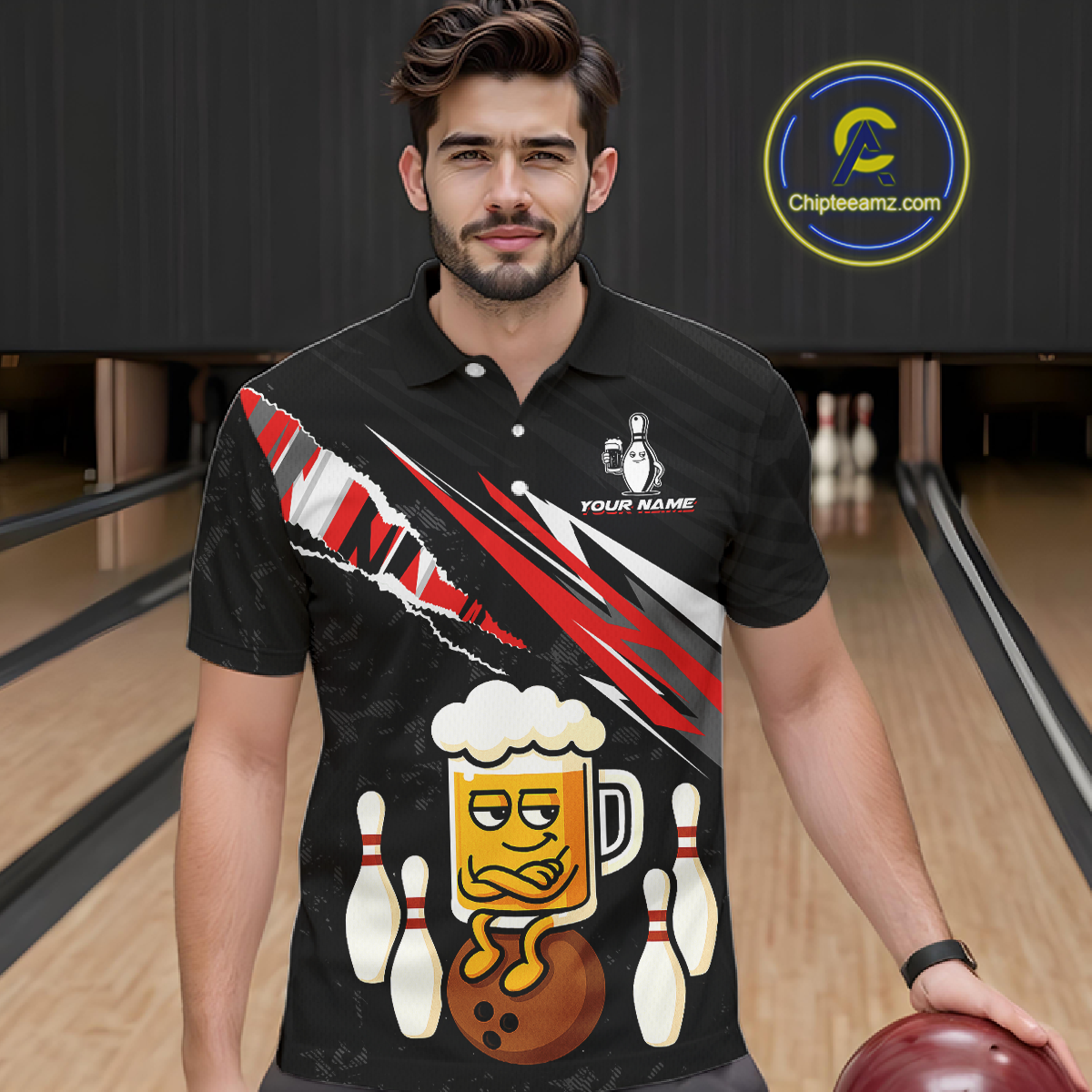 Custom Red Funny Beer Bowling Jersey for Men Bowling Team Shirts Polo & 1/4 Zip HNT170