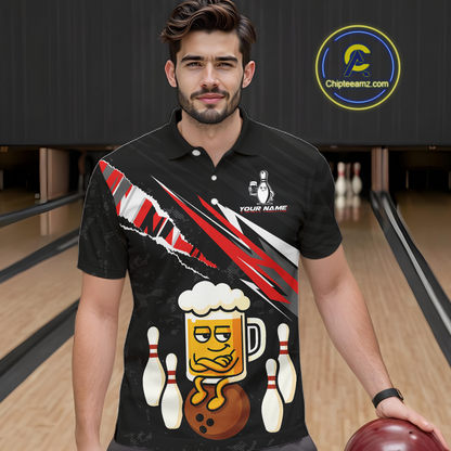 Custom Red Funny Beer Bowling Jersey for Men Bowling Team Shirts Polo & 1/4 Zip HNT170