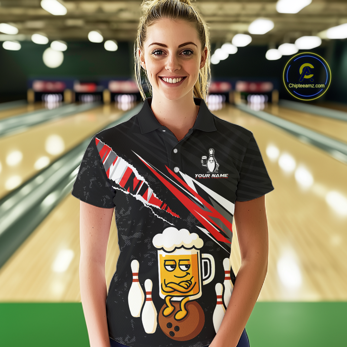 Custom Red Funny Beer Bowling Jersey for Women Bowling Team Shirts Polo & 1/4 Zip HNT170