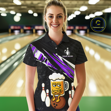 Load image into Gallery viewer, Custom Purple Funny Beer Bowling Jersey for Women Bowling Team Shirts Polo &amp; 1/4 Zip HNT170