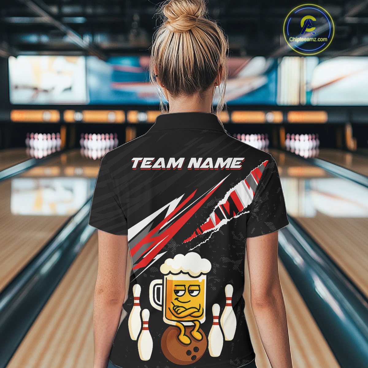 Custom Red Funny Beer Bowling Jersey for Women Bowling Team Shirts Polo & 1/4 Zip HNT170