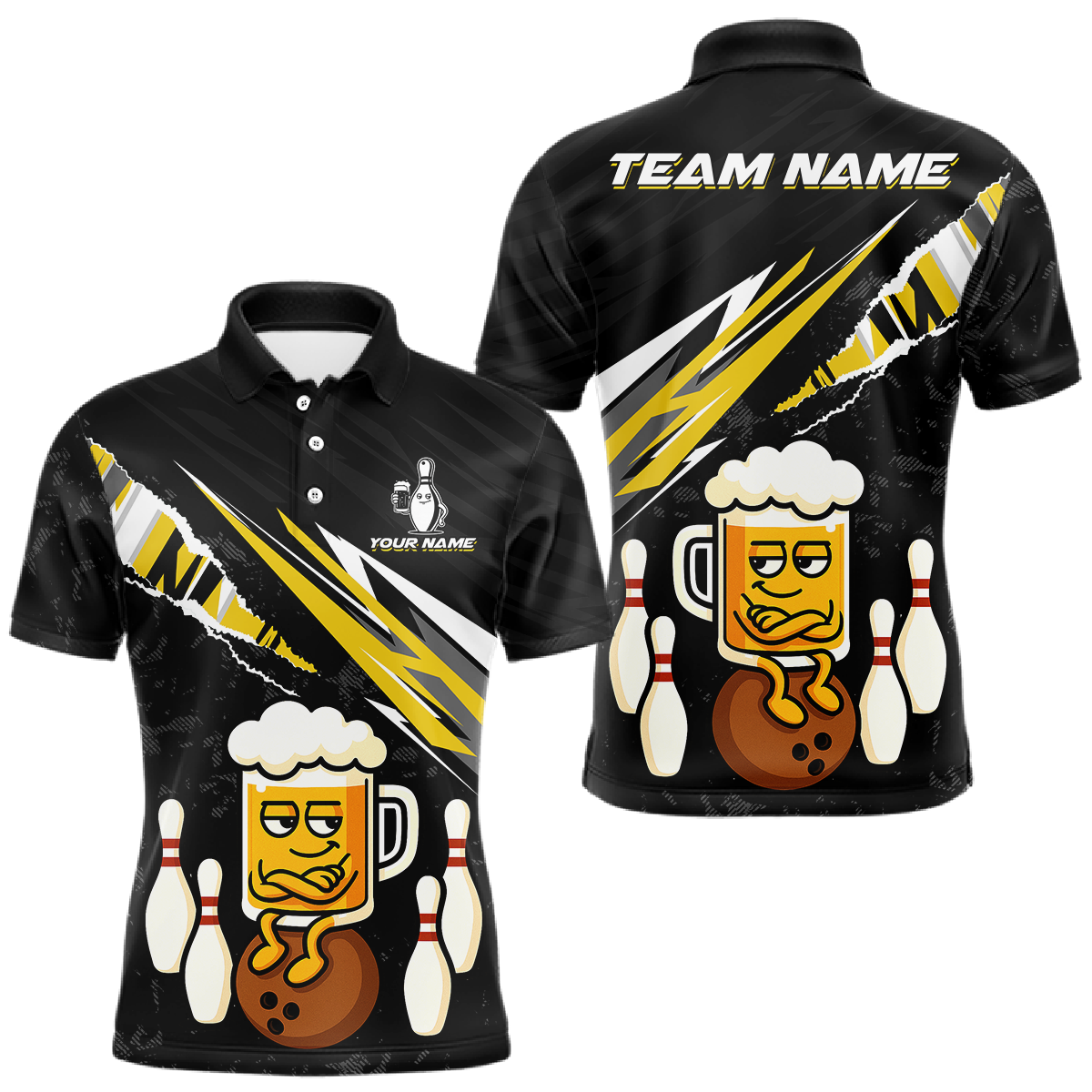 Custom Yellow Funny Beer Bowling Jersey for Men Bowling Team Shirts Polo & 1/4 Zip HNT170