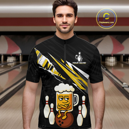 Custom Yellow Funny Beer Bowling Jersey for Men Bowling Team Shirts Polo & 1/4 Zip HNT170